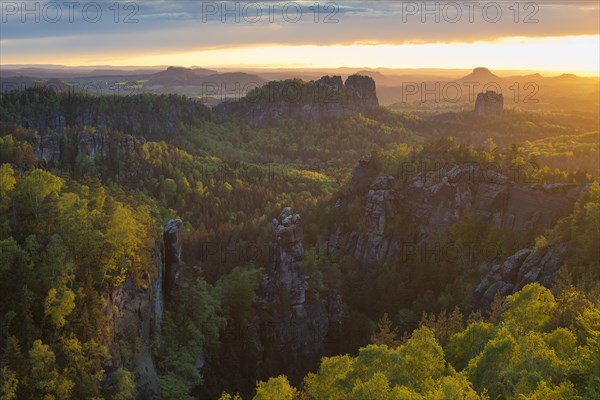 View from Carola Rock over Elbe Sandstone Mountains with Schrammsteine