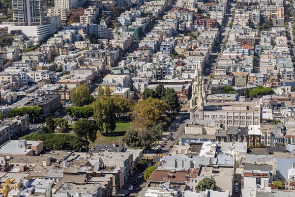 View of houses with Saints Peter and Paul Church and Washington Square