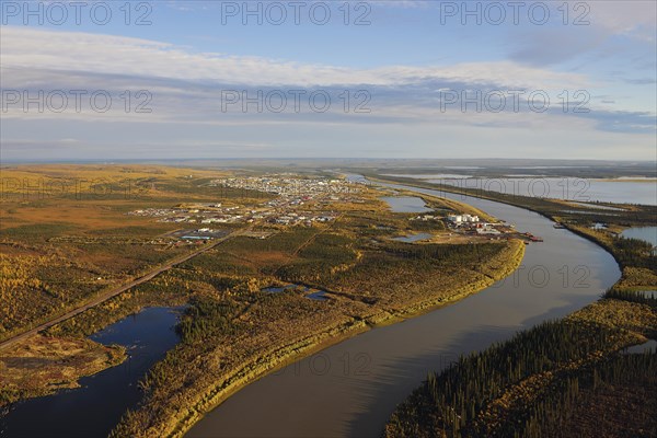 Aerial view of Inuvik on the banks of the Mackenzie River Delta