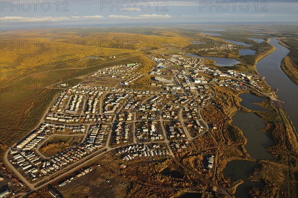 Aerial view of Inuvik on the banks of the Mackenzie River Delta