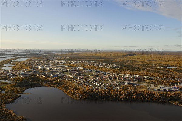 Aerial view of Inuvik on the banks of the Mackenzie River Delta