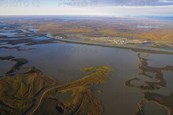 Aerial view of Inuvik on the banks of the Mackenzie River Delta