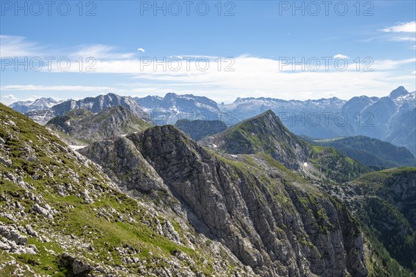 View from Schneibstein over the mountains of the National Park Berchtesgaden and the Steigere Meer