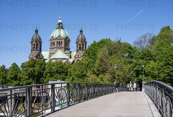 Bridge cable bridge and church St. Lukas