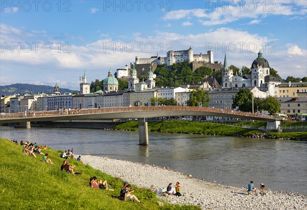 View over the Salzach river from Elisabethkai to the old town and the fortress Hohensalzburg