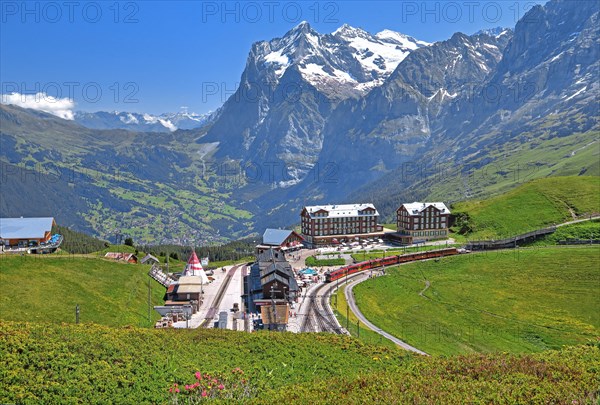 Kleine Scheidegg with Jungfrau Railway and Wetterhorn over Grindelwald