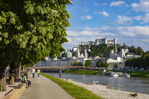 View over the Salzach river from Elisabethkai to the old town and the fortress Hohensalzburg