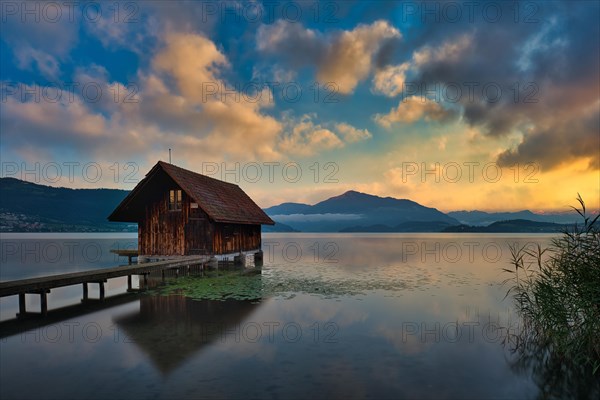 Boathouse on Lake Zug at sunset