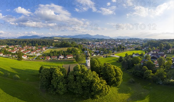 Ettendorf Church of St. Vitus and Anna with Traunstein and Alpine chain