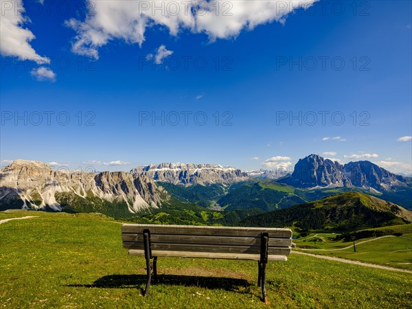 Lookout bench at the top of the Seceda with views of the Sella Group