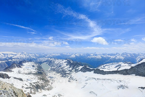 View from Oberaarhorn in direction Grimselpass to Oberaar Glacier and Oberaarsee
