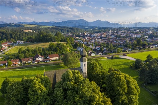 Ettendorf Church of St. Vitus and Anna with Traunstein and Alpine chain