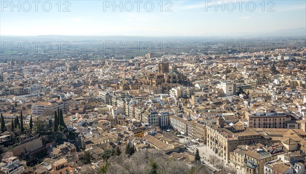 View from the Alhambra to the city with the cathedral of Granada