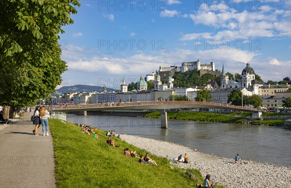 View over the Salzach river from Elisabethkai to the old town and the fortress Hohensalzburg