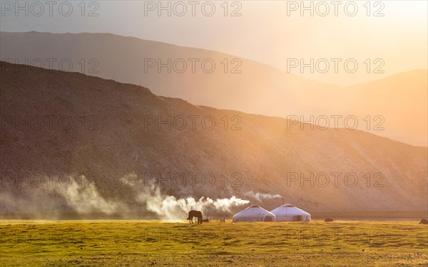 Summer evening in mount Tsambagarav summer camp. Bayan-Ulgii province. Mongolia