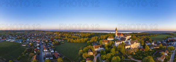 Panorama of the monastery Andechs and village Erling in the morning light