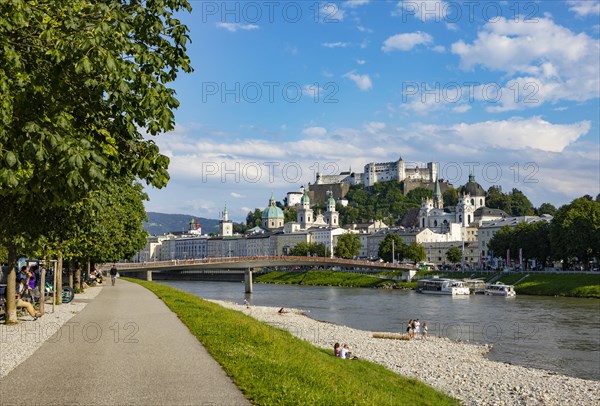 View over the Salzach river from Elisabethkai to the old town and the fortress Hohensalzburg