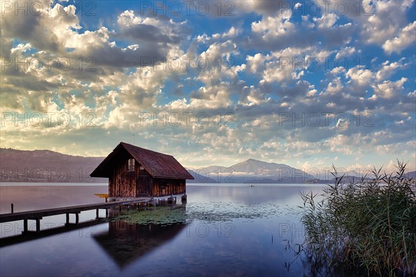 Boathouse on Lake Zug at sunrise