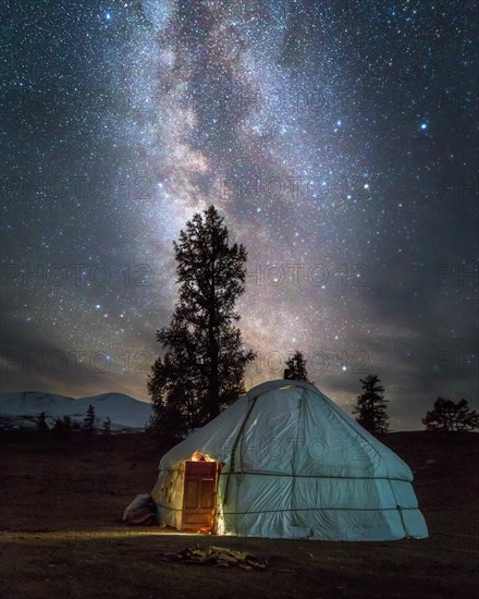 Kazakh yurt under milky way. Bayan-Ulgii province. Mongolia