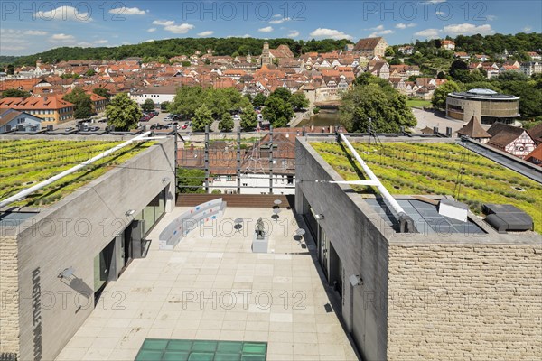 View over the Kunsthalle Wuerth to the old town with St. Michael's Church and new Globe Theater