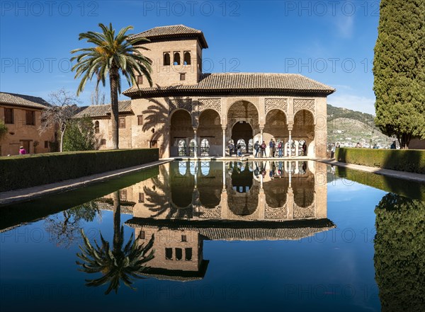 Historic building El Partal with pool and palm trees