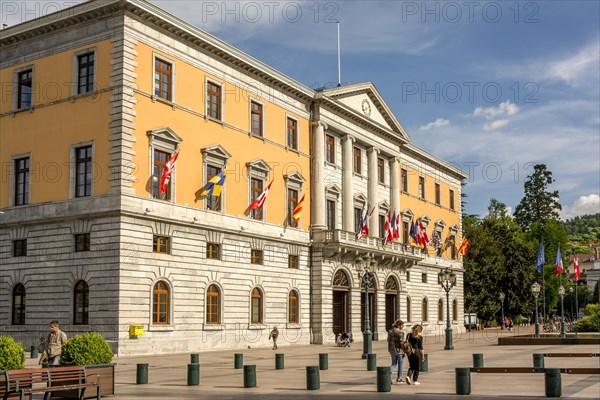 Town hall with waving flags