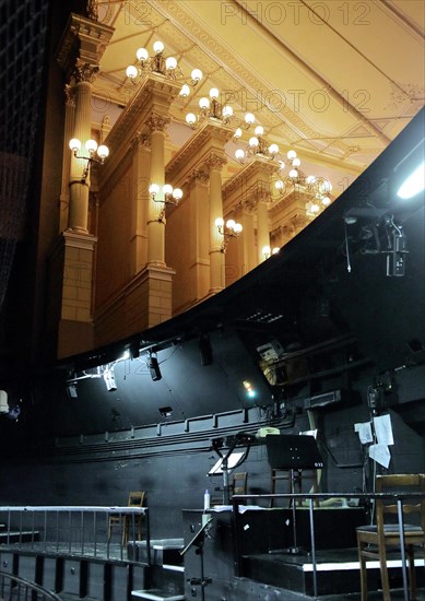 Conductor's desk in the hidden orchestra pit with view from the hall in the Richard Wagner Festival Theatre