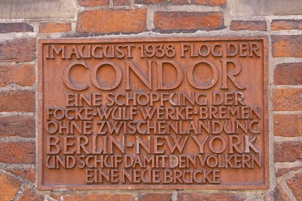 Commemorative plaque to the Condor record flight 1938 from Berlin to New York