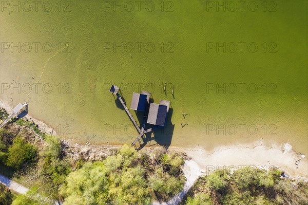 Boathouses in the Lake Ammer from above