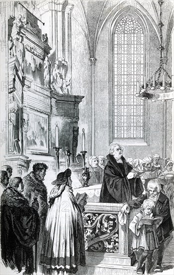 The Protestant hymn. Historical illustration from Otto von Leixner: Illustrated history of German literature. Leipzig and Berlin 1880