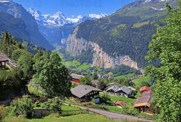 Houses on the edge of the village with Lauterbrunnen Valley and Breithorn