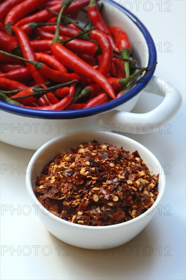 Chili flakes in shell and chilli peppers