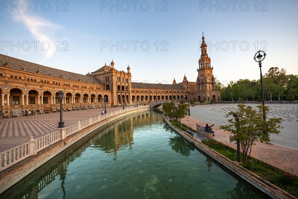 Plaza de Espana in the evening light with reflection in the canal