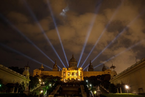 Night shot of the floodlit museum Museu Nacional d'Art de Catalunya