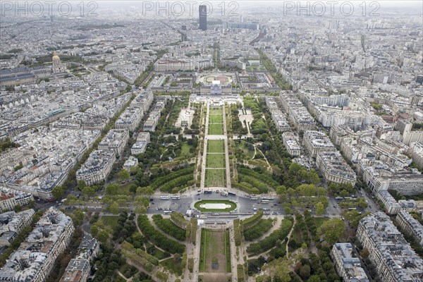 City view of Paris from the top of the Eiffel Tower with view of Champ de Mars