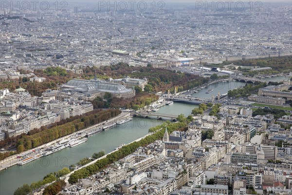 City view from the top of the Eiffel Tower towards Siena and Pont Alexandre III Bridge