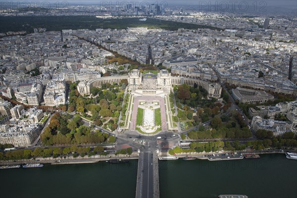 City view from the top of the Eiffel Tower towards Siena and Jardins du Trocadero