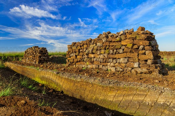 Peat sods stacked up for drying in the bog