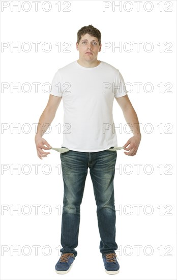 Male with pockets turned inside out on a white background