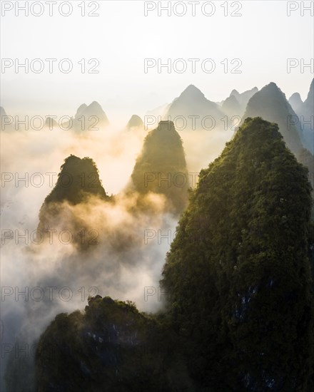 Chinese karst mountains near Yangshuo at sunrise