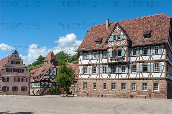 Monastery courtyard with historical half-timbered ensemble