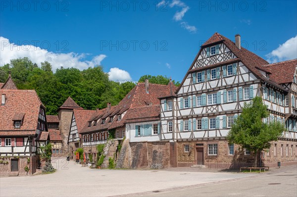 Monastery courtyard with historical half-timbered ensemble