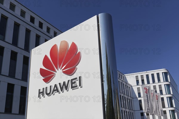 Logo on the European headquarters of Huawei Technologies in Düsseldorf