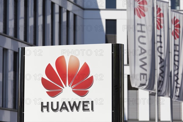 Logo on the European headquarters of Huawei Technologies in Düsseldorf