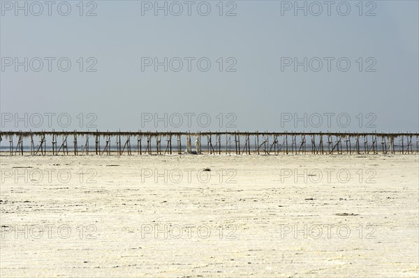 Pipeline on stilts on the Assale Salt Lake for the transport of brine to the evaporation basins of a salt works