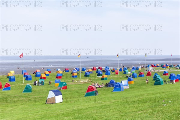 Colourful beach chairs at the green beach at the Outer Elbe