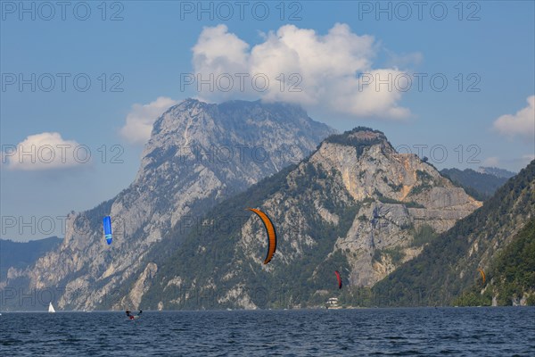 Kitesurfer at Lake Lake Traun with Traunstein
