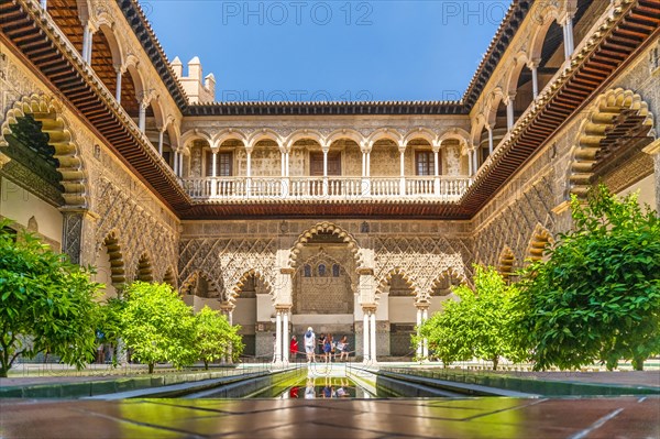 Moorish architecture of beautiful castle called Real Alcazar in Seville