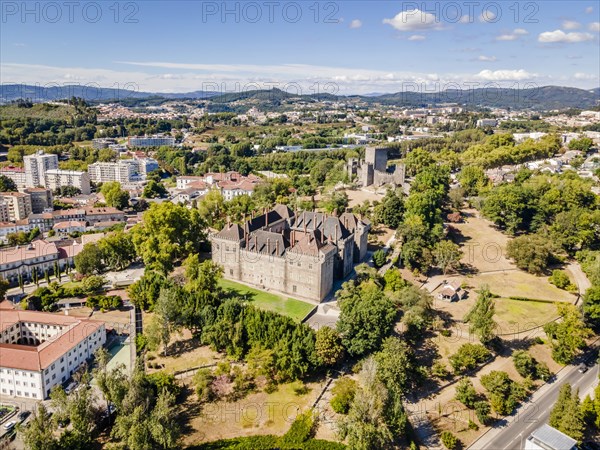 Aerial view of palace of dukes of Braganza and Castle in Guimaraes