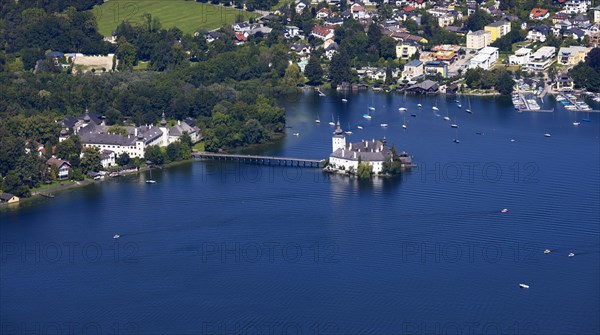 View from the treetop path at Gruenberg to Lake Traun Castle Ort and Gmunden